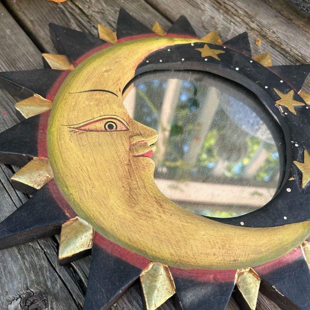 Vintage Wooden 13" Celestial Moon and stars Wall Mirror from Indonesia